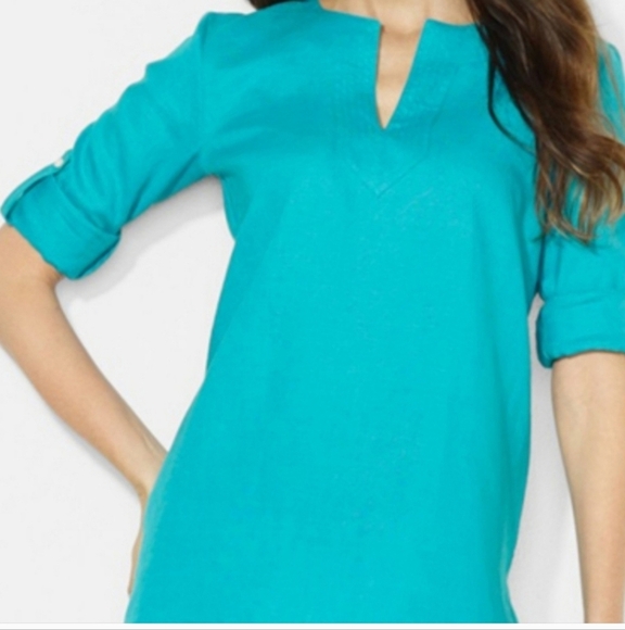 LAUREN RALPH LAUREN Linen Tunic Long Roll Tab Sleeve Ethnic Breathable Eco-frien - Picture 1 of 7